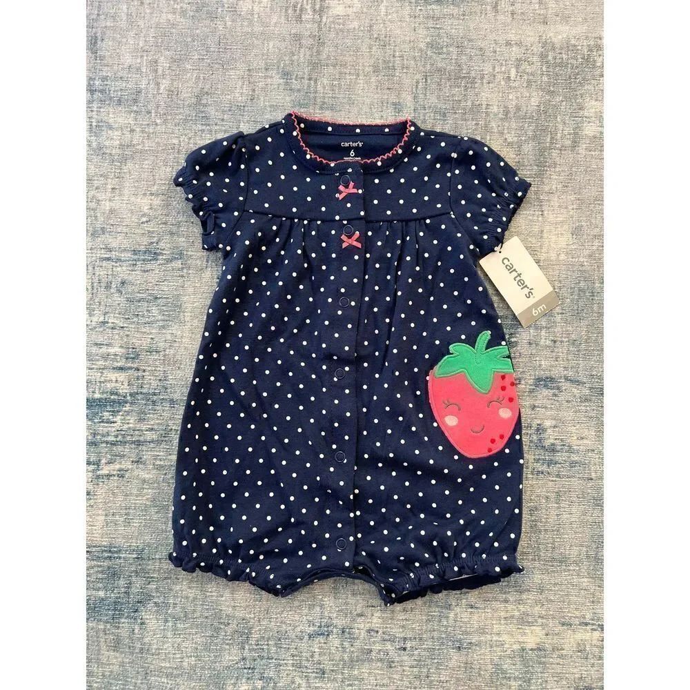 NWT! Carter’s Blue White Polka Dot Strawberry Romper 6 Months